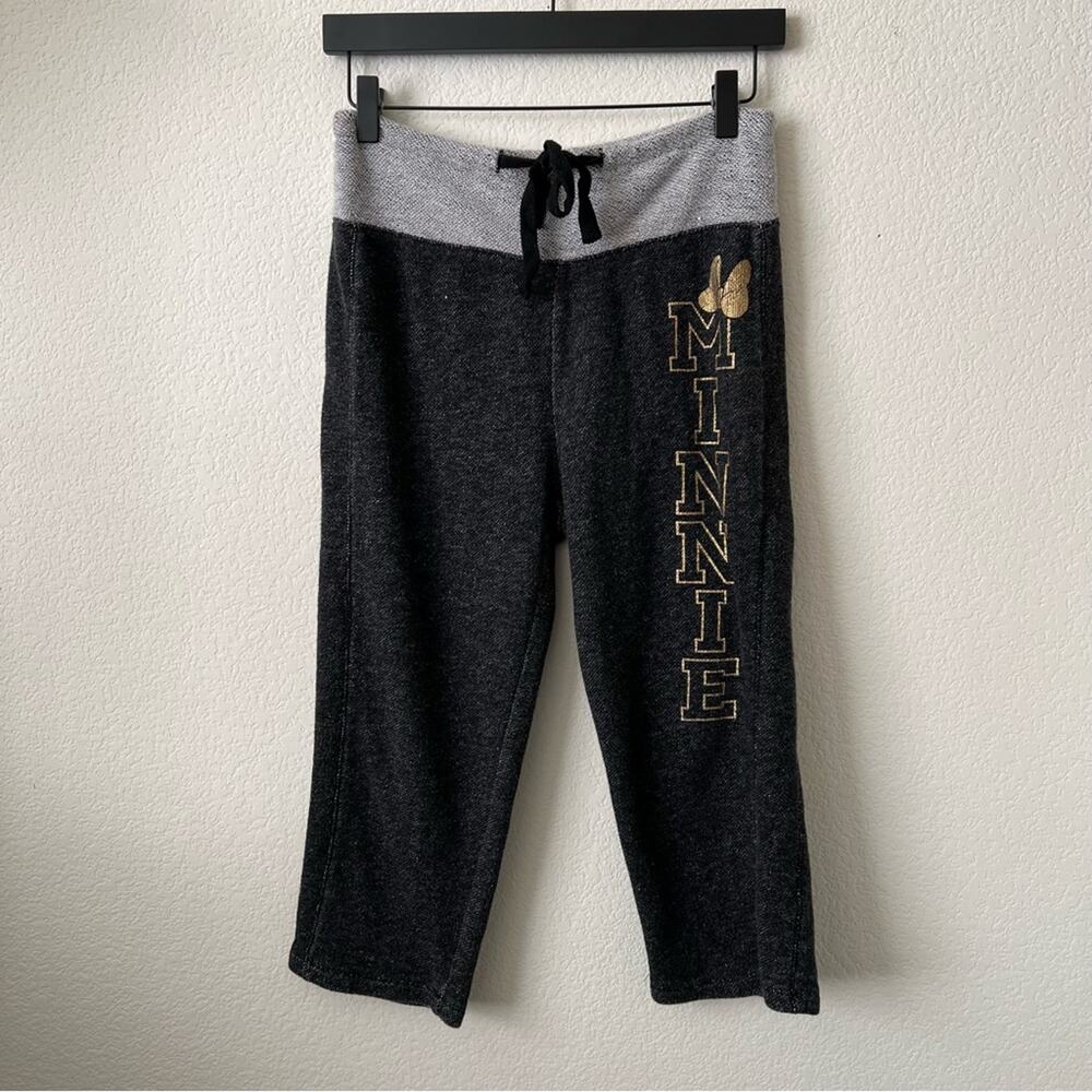 Disney Parks Minnie Mouse gold foil print marled knit gray cropped capri pants
